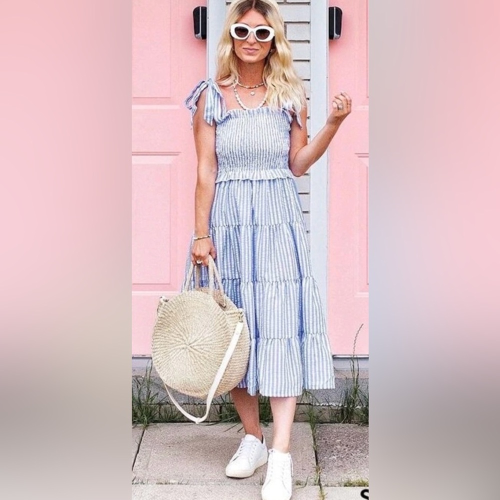 Joyfunear Knotted Shoulder Shirred Striped Cami Dress size L - Picture 3 of 8